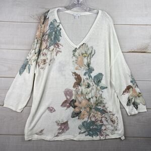 J Jill Sweater Womens XL Linen Blend White Floral Boho Tunic Open Knit Relaxed